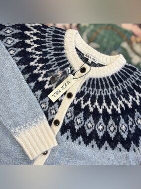 Alex Mill Ashwood Fair Isle Cardigan Wool Mohair Blend Sweater Blue XL NWT $245